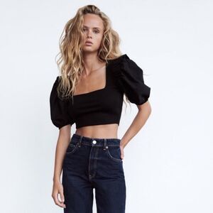 ZARA Square Neck Puff Sleeve Crop Top Small Black